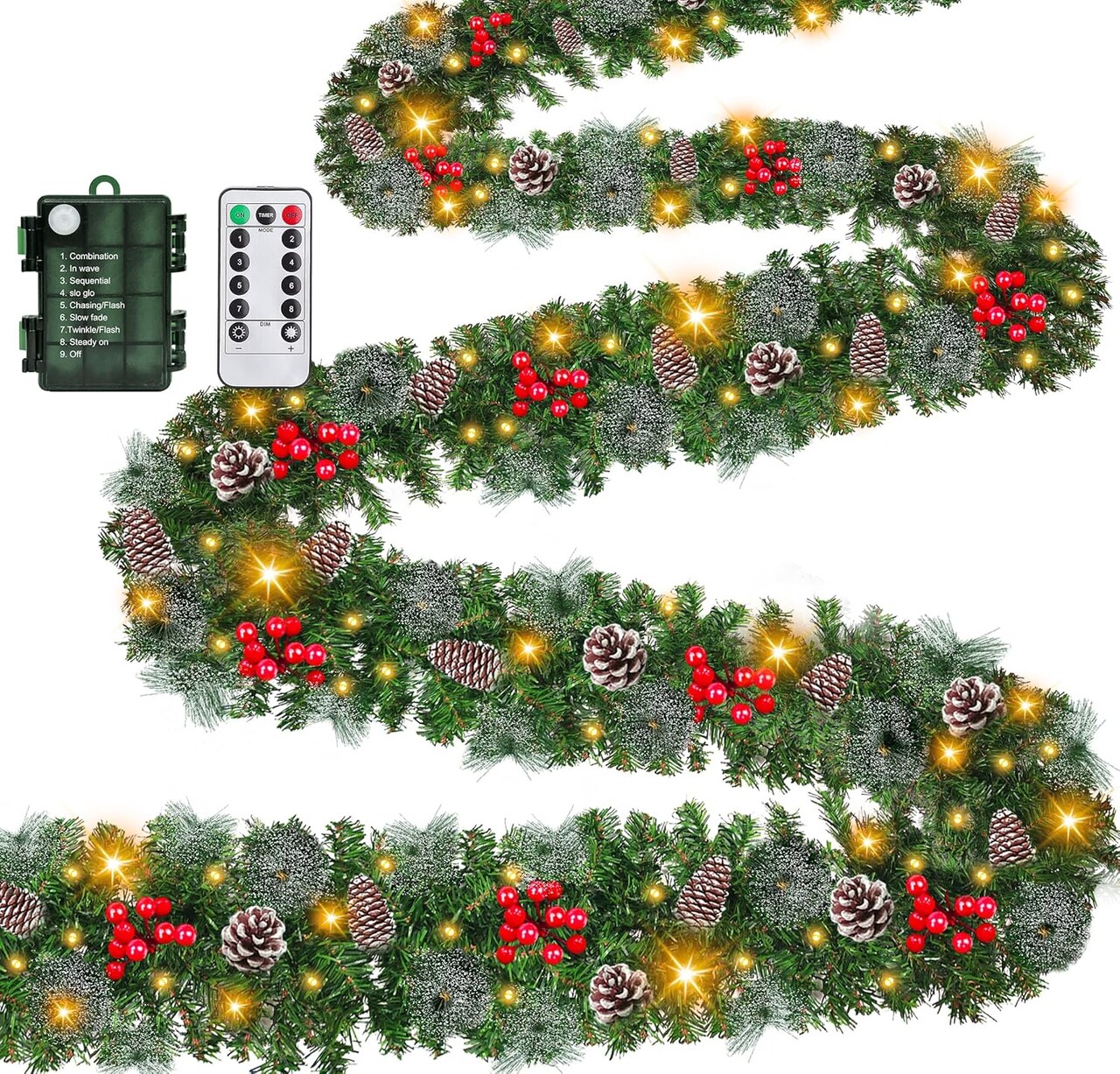 Remote Control 9 Ft Prelit Christmas Garland with Lights 8 Modes Timer 300 Branch Cedar Snowy Bristle 198 Berry 18 Pinecone Battery Operated Christmas Decorations Indoor Outdoor Holiday Mantle Stairs